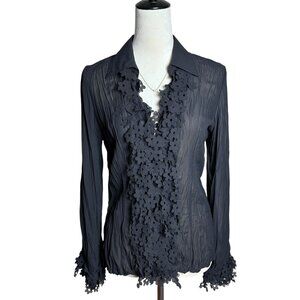 Claudia Richard Sheer Floral Appliqué Blouse Top Small | Y2K Cute Romantic Goth